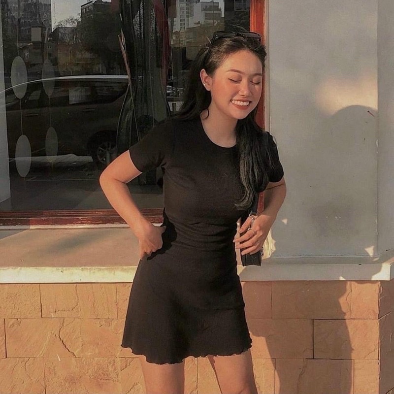 SUV006 Váy thun body nữ không cổ trẻ trung Ulzzang Đầm phông đen dáng ôm sexy quyến rũ Hàn Quốc đi chơi mặc nhà đẹp xinh