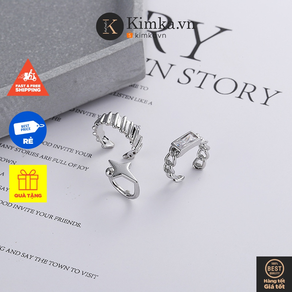 (053) Bộ Ba Kẹp Vành Tai Cá Tính Dạng Mắt Xích Đính Đá Xoắn Vòng Hình Tròn Hàn Quốc