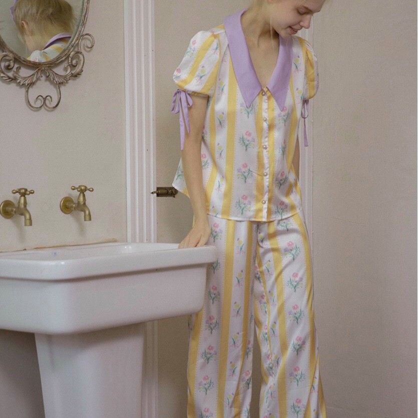b165 bộ đồ ngủ pijama QCCC tay bồng quần dài, chất siêu đẹp, in hình hoa siêu xinh.