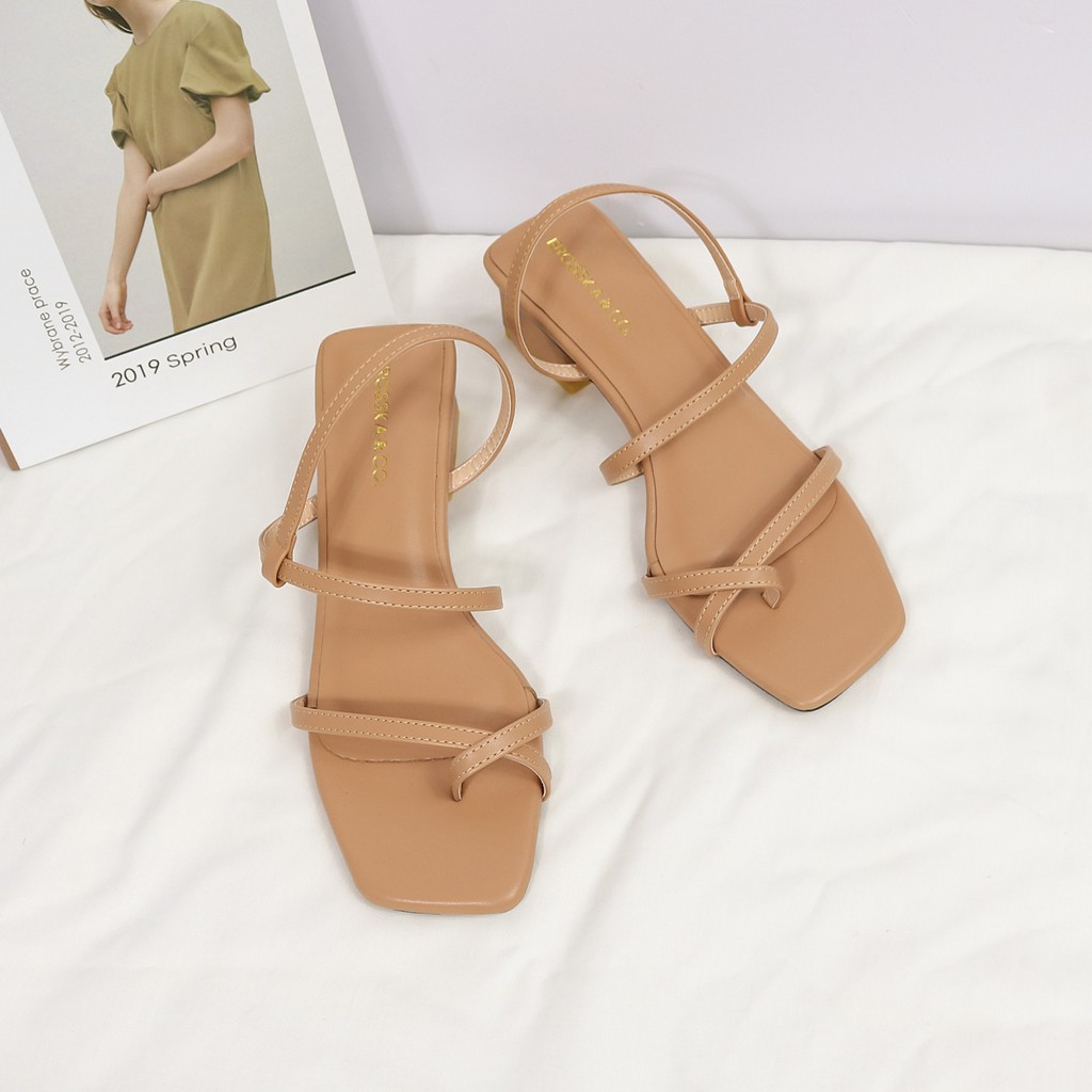 Giày Sandal Nữ Xỏ Ngón Gót Vuông Mũi Vuông Phối Dây Quai Mảnh Tinh Tế Erosska Cao 5 Cm Màu Đen Da Bò Kem