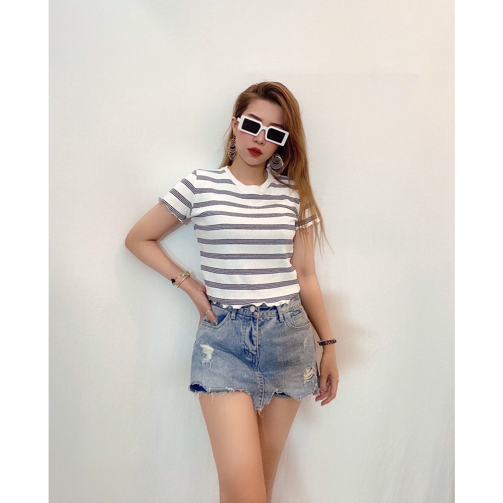 Áo croptop sọc, thun bo gân, cuốn biên
