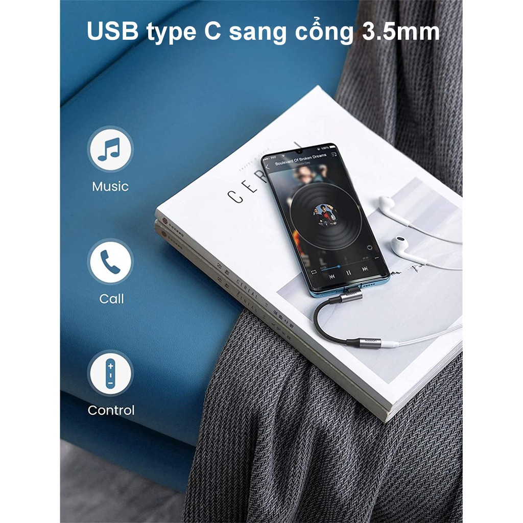 Dây giắc chuyển đổi cổng USB-C đầu vuông góc sang giắc cắm 3.5mm UGREEN AV167 80723