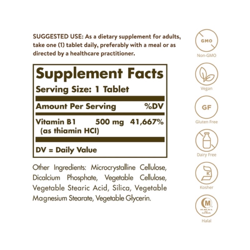 Viên chay Vitamin B1 (Thiamin) 500 mg Solgar 100 viên USA