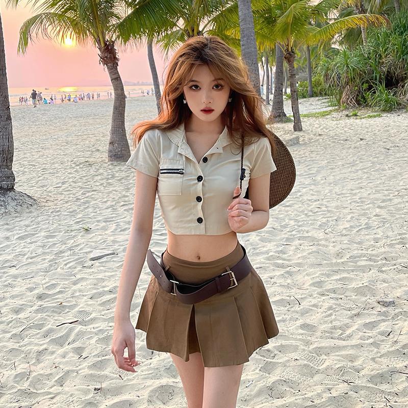 Women's suit skirt 2022 summer new Korean style sexy short shirt small pleated skirt two-piece suit