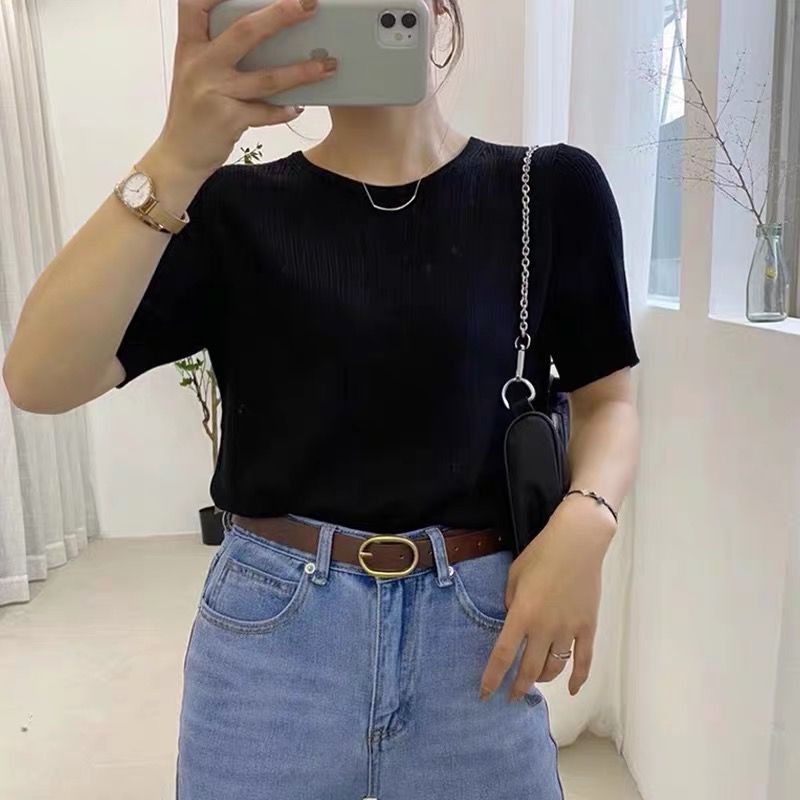 Áo dệt kim BH tay ngắn cổ tròn thời trang xuân hè