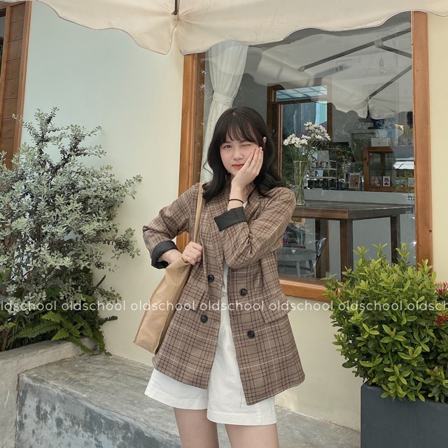 ÁO BLAZER 2 LỚP KẺ NÂU CHOCO (ảnh thật/sẵn)
