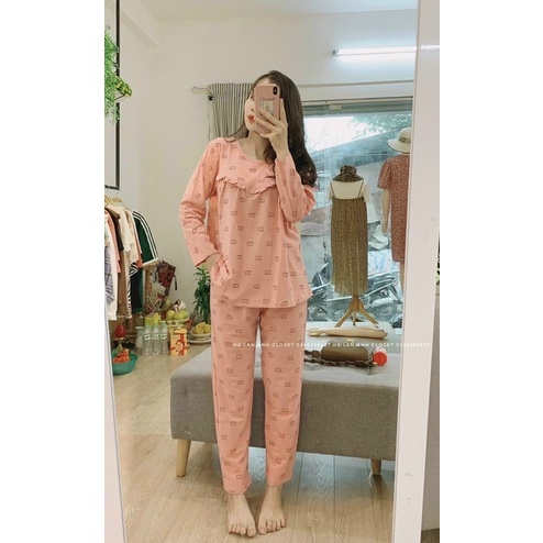 Bộ mặc nhà bầu và sau sinh hoạ tiết gấu pu viền bèo