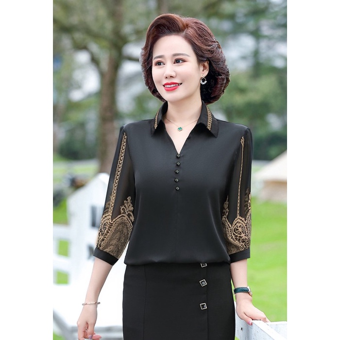 SANG CHẢNH - Thời Trang U50 U60 - Áo Kiểu Tặng Mẹ Trung Niên Dạng Áo Lụa In Hoa Tiết Cao Cấp 3A26 3A27 3A28 3A29