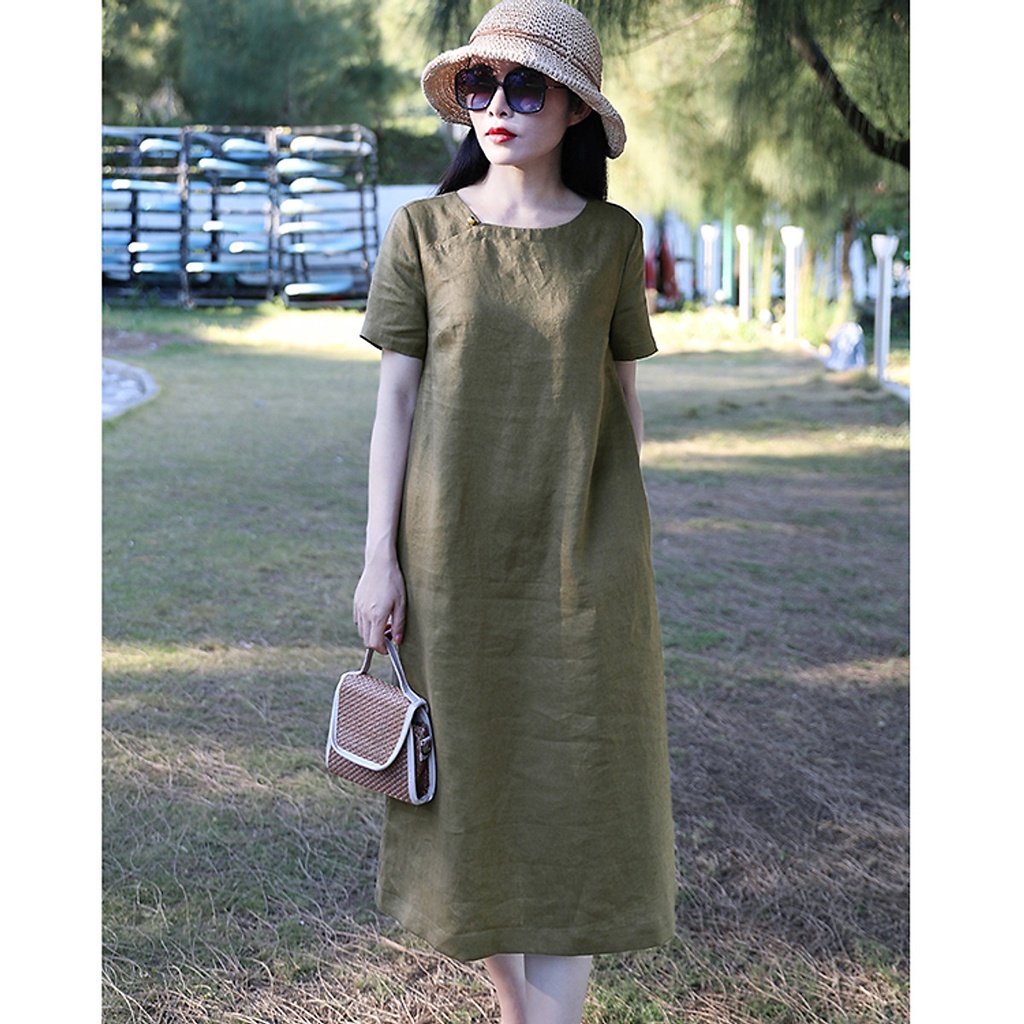 Đầm suông linen xanh rêu cổ vuông, thời trang xuân hè