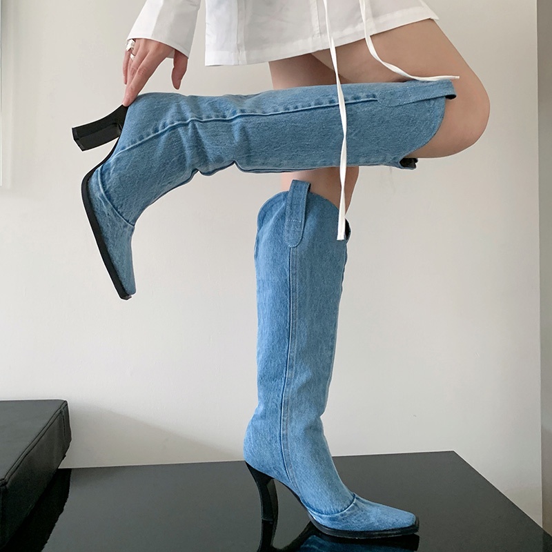 Giày Bốt Denim Cao Gót Cổ Cao Qua Gối Phong Cách Châu Âu