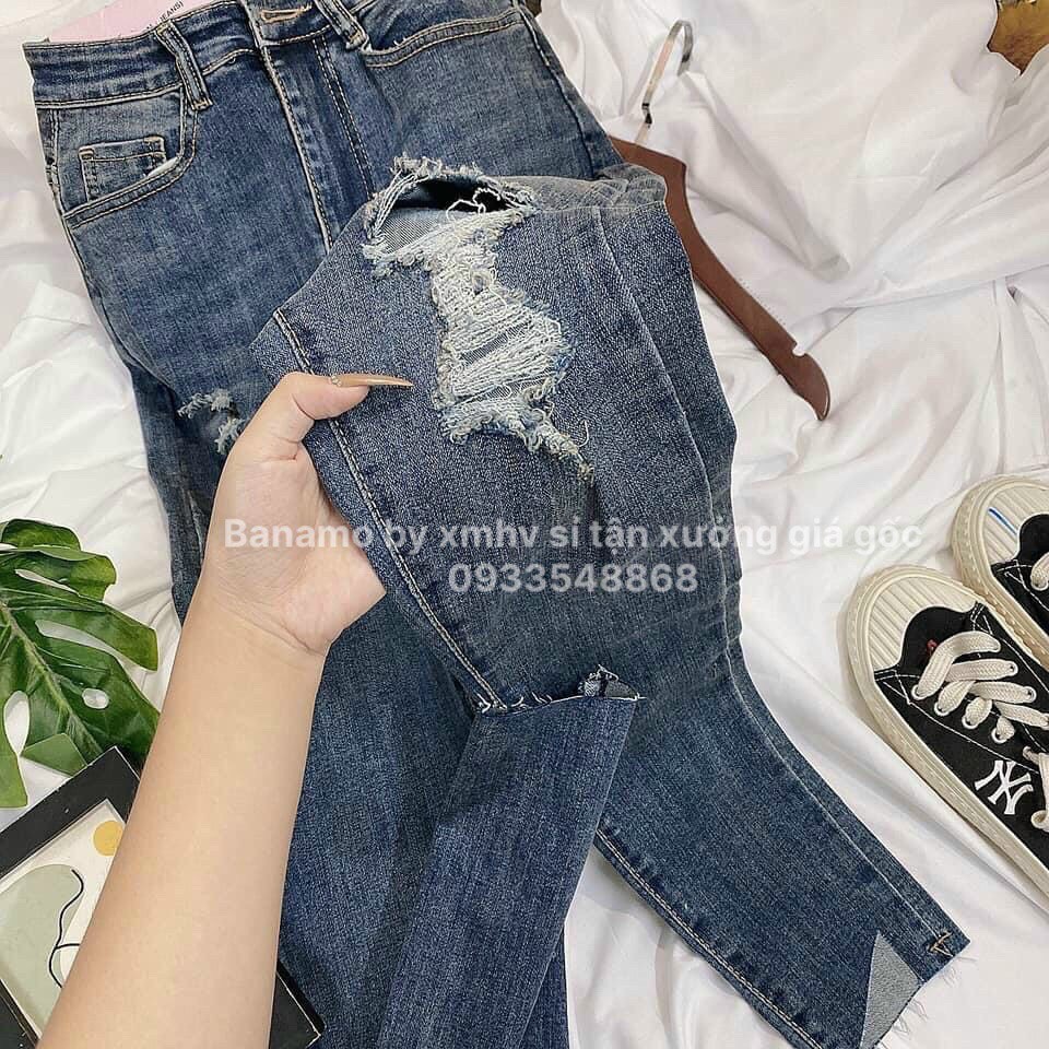 Quần jean nữ cạp cao, quần bò rách đùi gấu lệch cá tính siêu tôn dáng thời trang Banamo Fashion 767