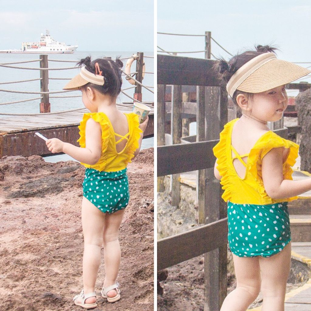 Set bộ bơi liền thân 1 mảnh tay bèo phối chấm bi dễ thương cho bé gái 10 đến 22kg