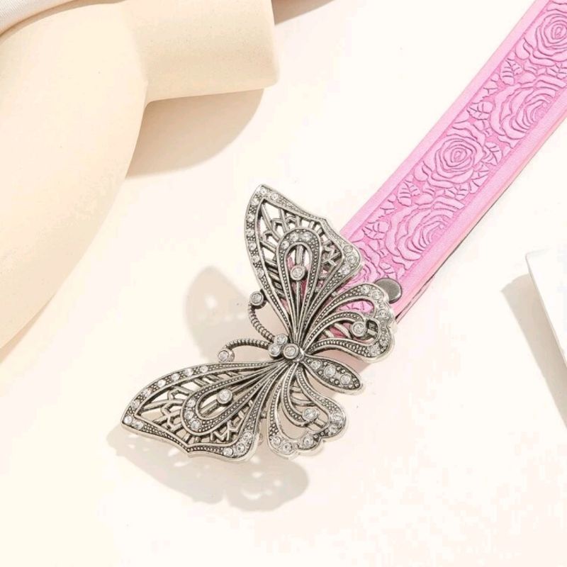 Thắt lưng hồng đính đá rhinestone bling bling khoá bướm phong cách y2k, Punk thời trang Unisex