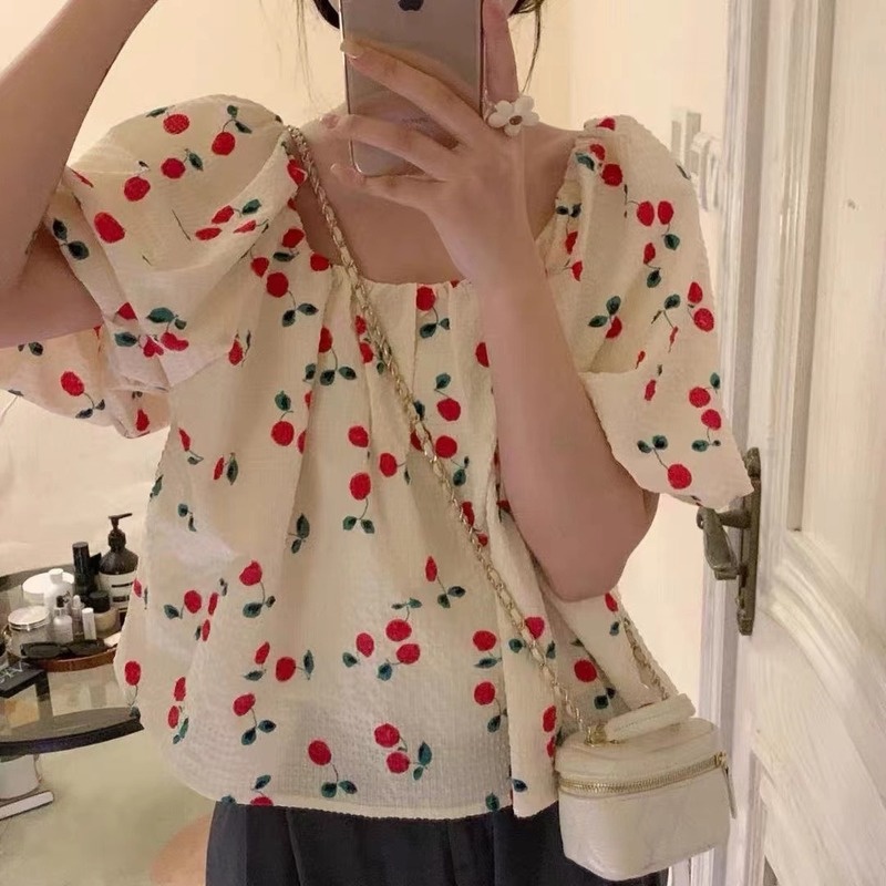 Linki ✻ Áo Sơ Mi Ngắn Tay Cổ Vuông In Họa Tiết cherry Phong Cách Retro Thời Trang Cho Nữ
