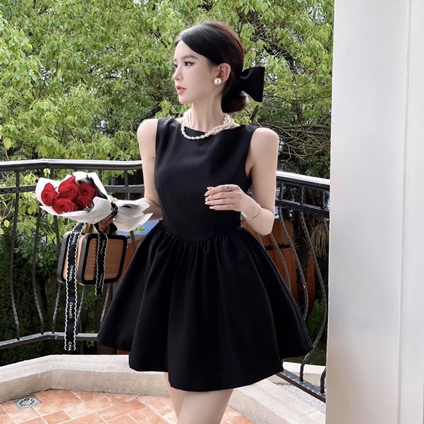 Đầm Chữ A Sát Nách Cổ Tròn Dáng Rộng Màu Đen Phong Cách Pháp Thời Trang Mùa Hè Cho Nữ
