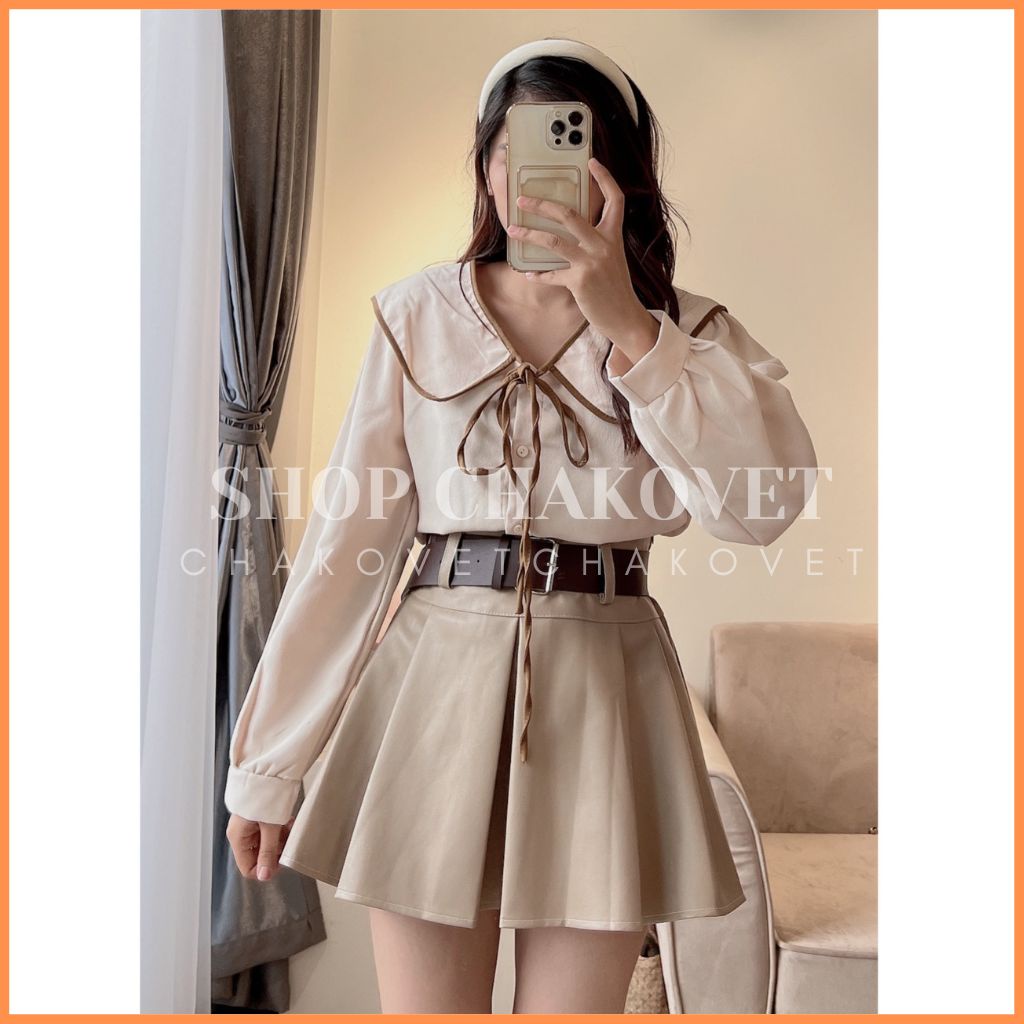 Áo Sơ Mi Nhung Tăm Dài Tay Nữ Tiểu Thư A8477 Áo Sơ Mi Bèo Vai Mix Viền Phối Dây Buộc Nơ Siêu Xinh Ulzzang - CHAKOVET