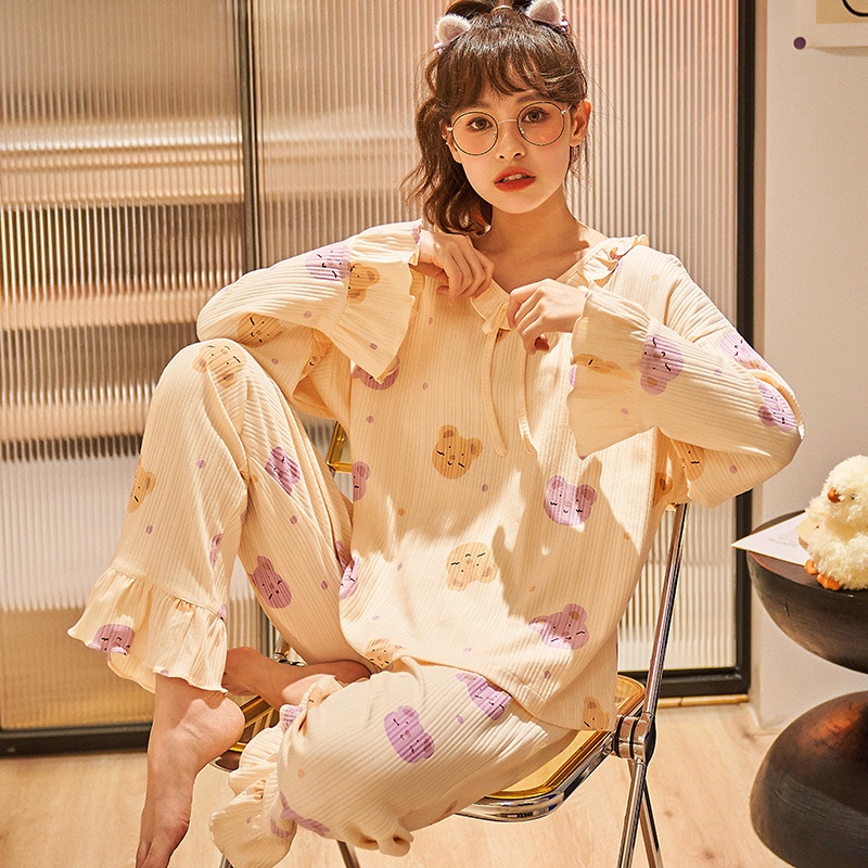 Bộ Đồ Ngủ Cotton Tay Dài Cổ Tròn In Họa Tiết Hoạt Hình Thời Trang Thu Đông Cho Nữ