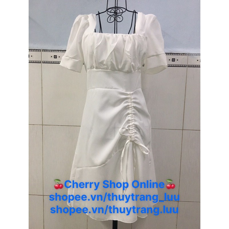 [Kèm ảnh thật]🍒Đầm trắng dự tiệc xoè nhẹ ngực nhún tà rút dây (Free/big size XL, 2XL) | BigBuy360 - bigbuy360.vn