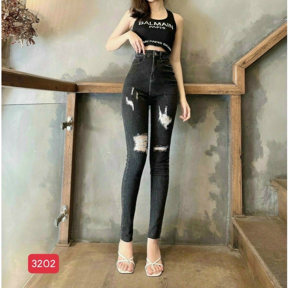 Quần jean nữ lưng cao MURADFASHION, jean nữ rách màu xám ms3202