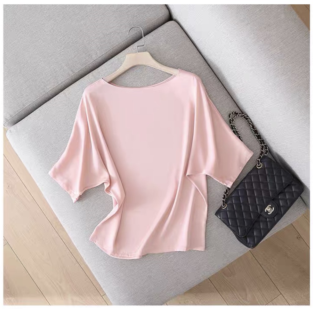 Áo phông lụa lạnh nữ công sở tay lỡ vải cao cấp thun lụa form rộng cổ tròn mát mẻ sanh chảnh mặc đi làm dạo phố du lịch