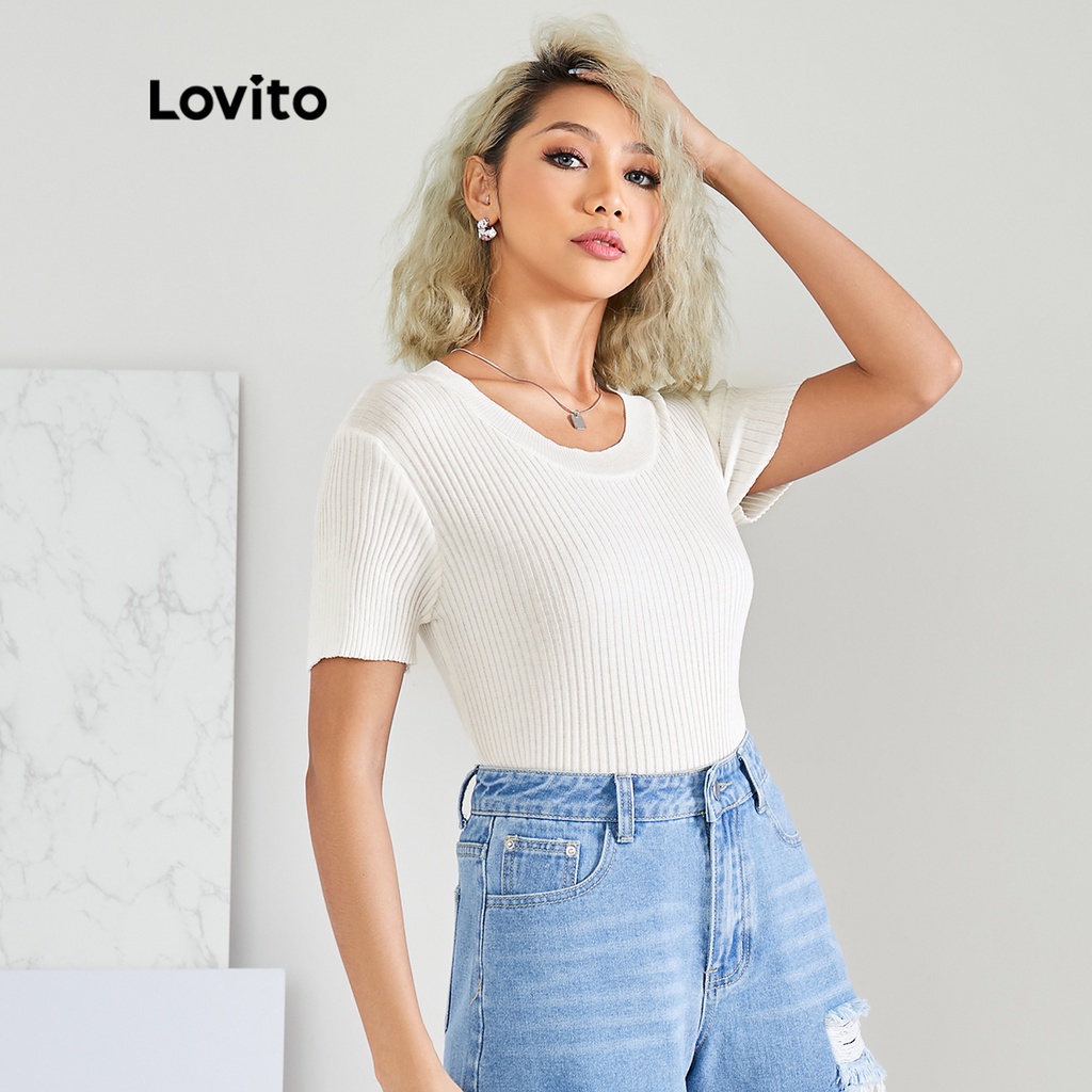 Áo Dệt Kim Lovito Ngắn Tay Cổ Tròn Màu Trơn Thời Trang Cho Nữ L22AD125 (Màu Trắng)