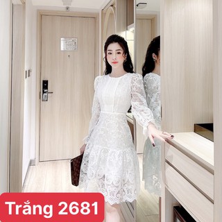 Váy/Đầm ren thêu xếp ly cổ tròn