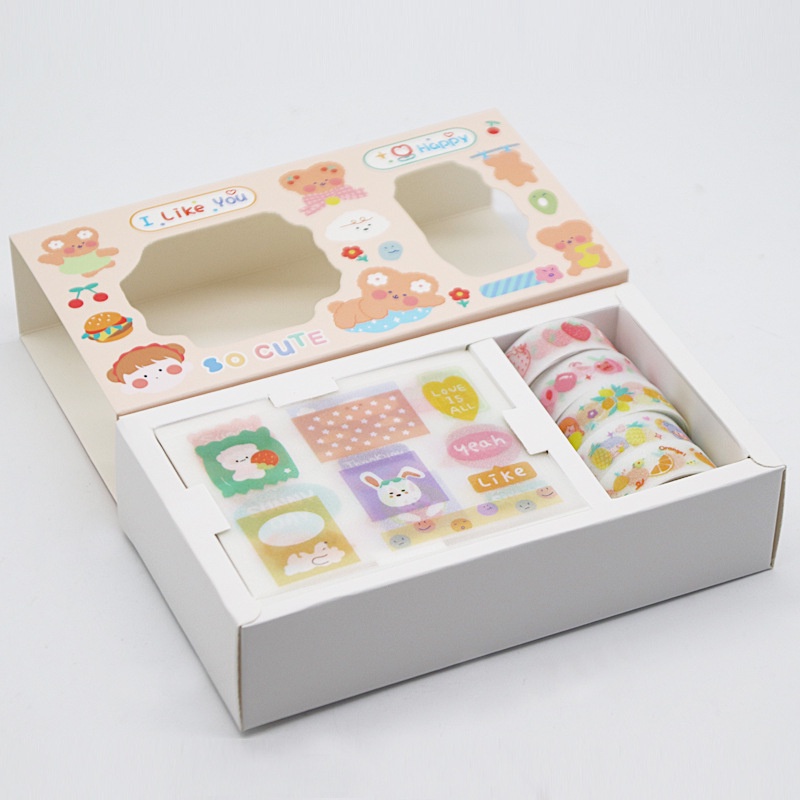 Hộp 5 cuộn washi tape + 9 tờ sticker Băng dính washi tape nhiều hình cute dễ thương CREAMY WST130