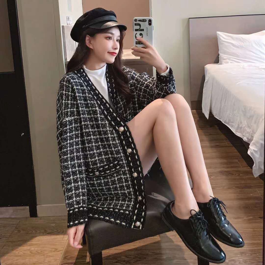 Áo khoác cardigan lông thỏ dệt kim dáng rộng hoạ tiết caro áo len nữ phong cách Hàn Quốc Her Vibe
