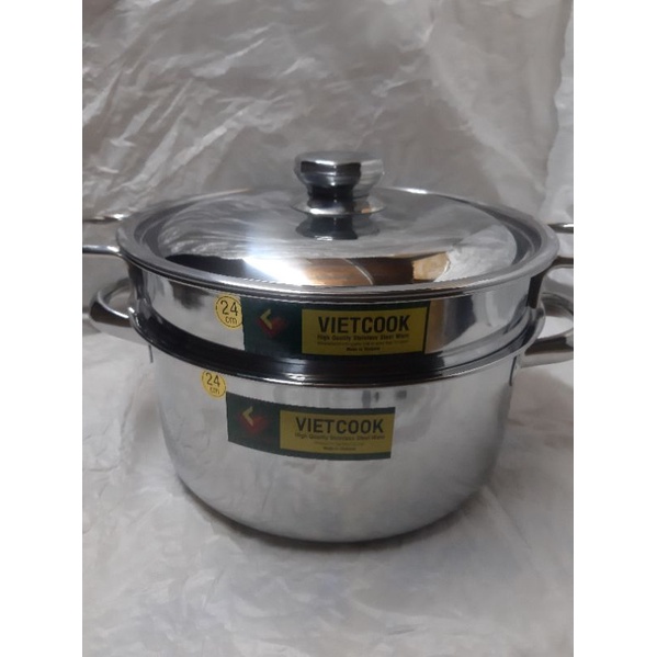 (Video Sp)Bộ nồi xửng hấp inox ,xửng hấp inox 2 tầng nắp kính và nắp inox đáy từ Vietcook size 24,26,28,30,32 chõ đồ xôi