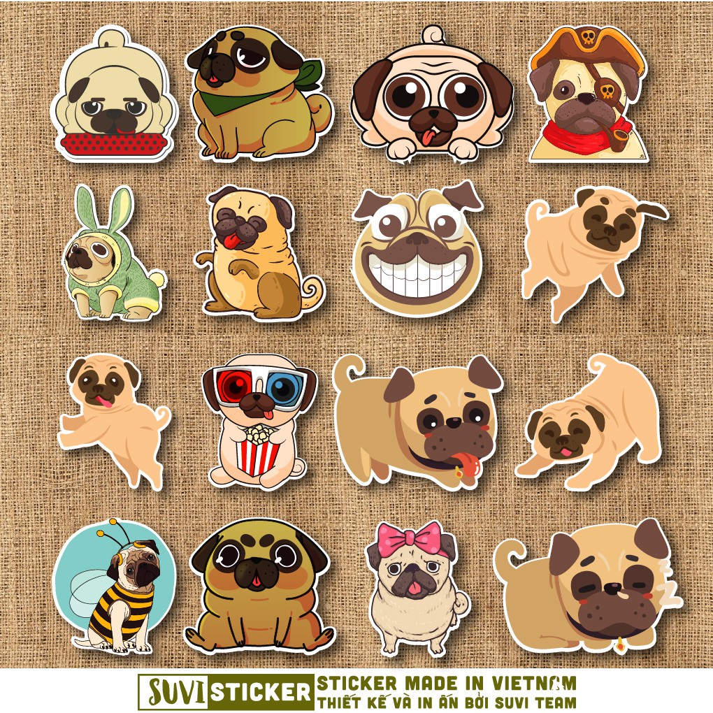 Sticker Chó Pug chống nước sticker dán laptop, điện thoại, đàn guitar, mũ bảo hiểm, vali. MSP: A09