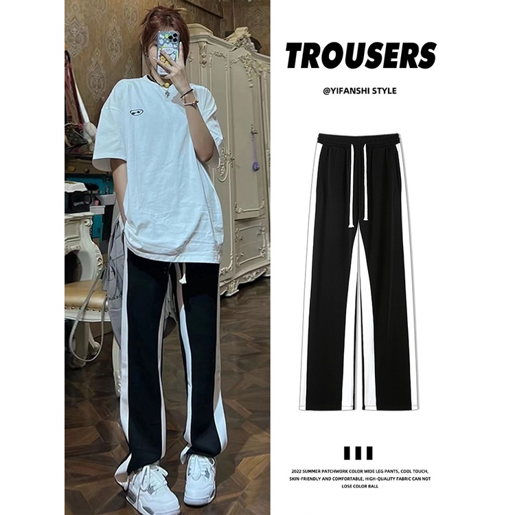 Quần Dài Lưng Cao Hoạ Tiết Kẻ Sọc Thiết Kế Dáng Rộng Thoải Mái