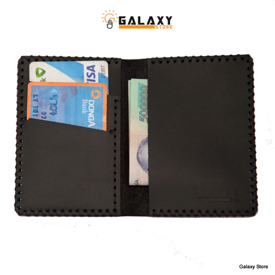 Ví Nhỏ Handmade Da Bò Thật Galaxy Store GVM03 (Đen) + Tặng Móc khóa da handmade Galaxy Store (Đen)