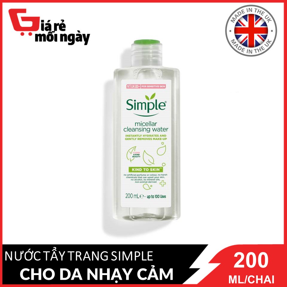 [Nhập khẩu chính hãng] Nước tẩy trang SIMPLE Cho da nhạy cảm Kind To Skin Micellar Cleansing Water 200ml
