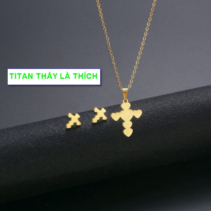 Bộ trang sức nữ mặt thánh giá titan chất - Hàng titan vàng 18k sáng bóng đẹp - Cam kết 1 đổi 1 nếu đen và gỉ sét