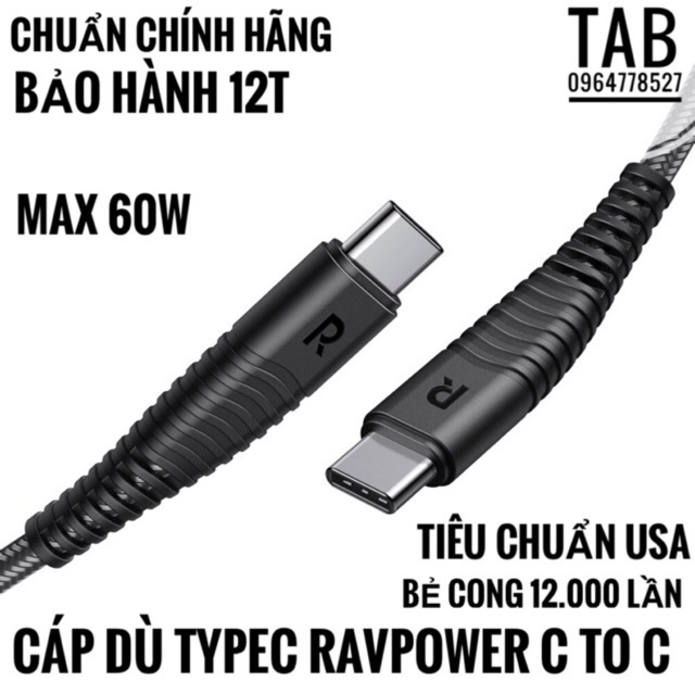 Cáp Dù Type C Ravpower Usb c To Usb C 1M Chính Hãng - Bảo Hành 12T ( RP-CB047)