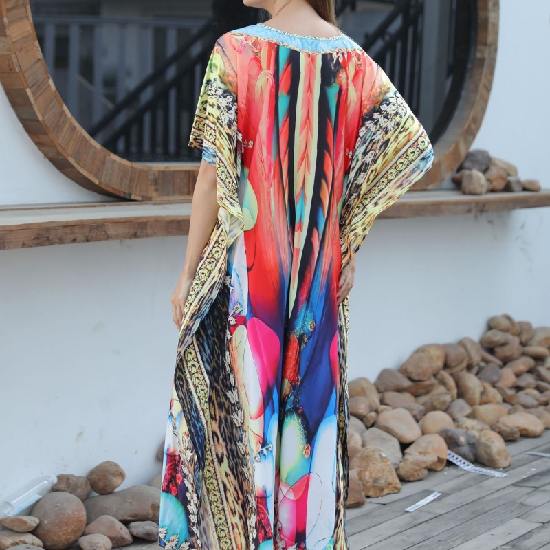 Brroa Áo Choàng Đi Biển Tay Lửng Dáng Dài Kaftan In Hoa Lông Vũ Nhiều Màu Phong Cách Bohemian Mùa Hè Cho Nữ