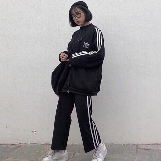 Quần thể thao nữ ống rộng 3 sọc trắng dáng suông dài màu đen co giãn vải UMI - Quần jogger dây rút gấu mặc nam nữ đi học