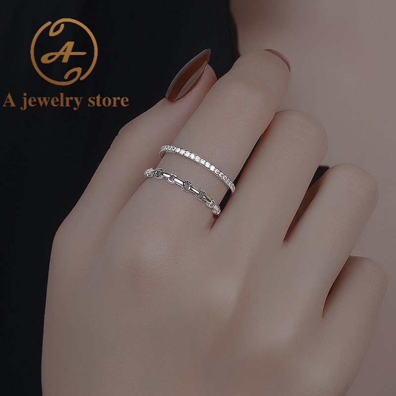 AJEWELRY Hot Sale Korean Double Diamond Open Adjustable Ring Girls Exquisite Ins Trend Stacked Ring Women Fashion Jewelry Accessories Gift