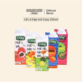 Lốc 4 hộp trà Cozy 225ml hương vị trà vải, trà tắc mật ong, trà đào sả, trà sữa vị đào, trà sữa vị matcha cực thanh mát