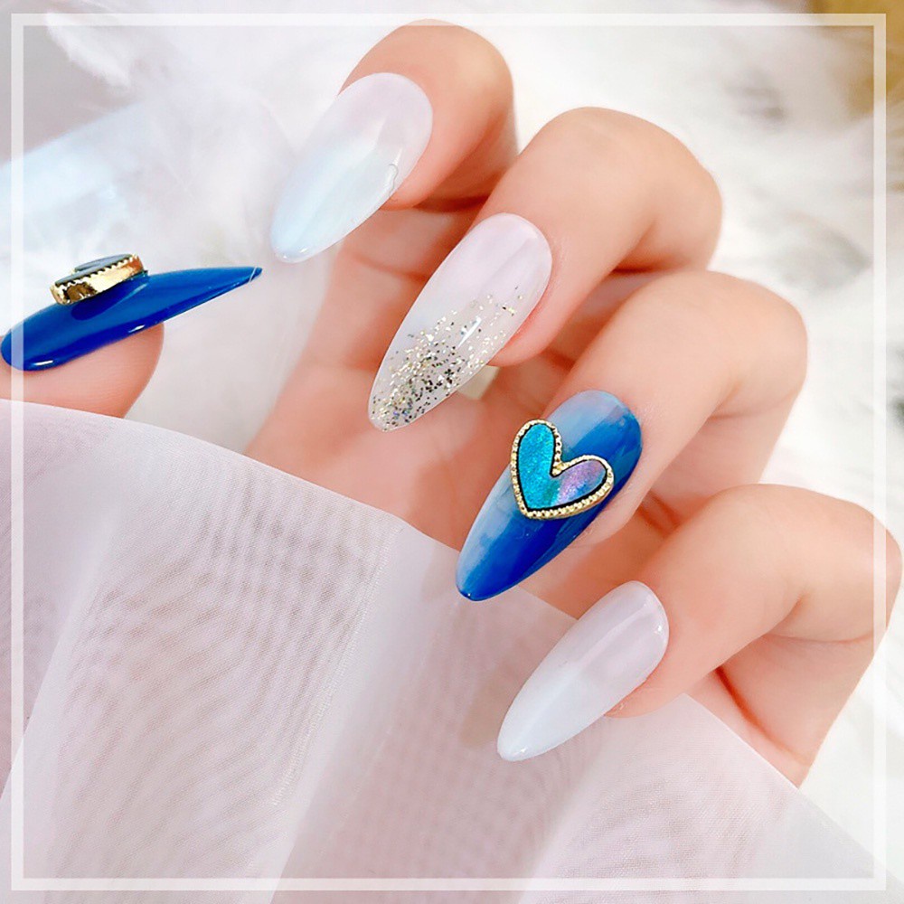 [Hàng mới về] Bộ 10 phụ kiện trang trí móng tay hình trái tim 3D bằng hợp kim lấp lánh nhiều màu tùy chọn