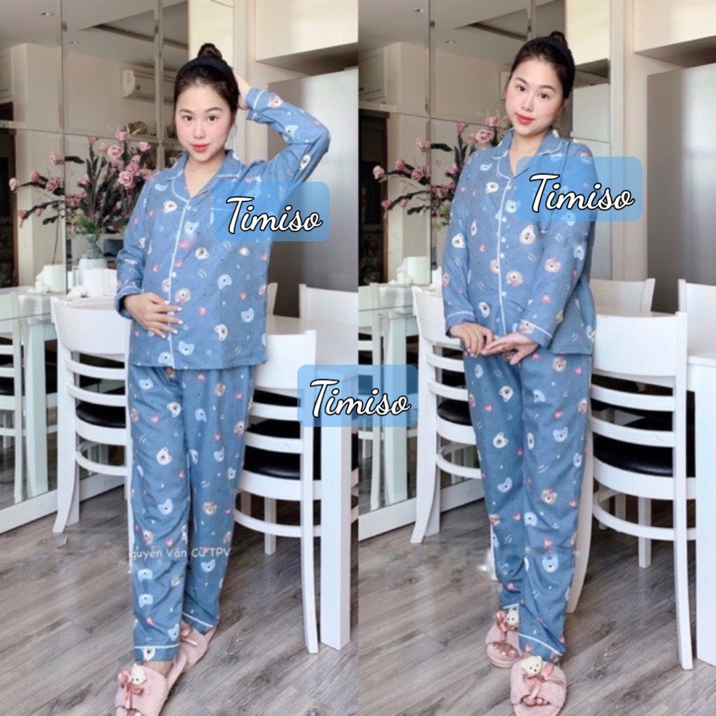 Đồ Bộ Bầu dài tay Pijama chất kate thái mặc bầu và sau sinh BPJM930 (Có khóa hoặc túi ngực như hình)