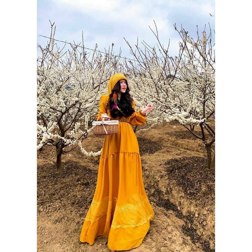 Đầm váy maxi nữ thổ cẩm BOHO đi biển họa tiết ren chân váy xẻ tà kèm mũ che đầu phong cách XUKA-DRESS chất Lụa siêu đẹp