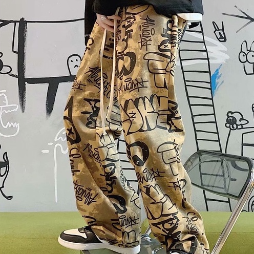 Quần Dài Thể Thao Dáng Rộng In Họa Tiết Graffiti Phong Cách Hàn Quốc Thời Trang Cho Nam