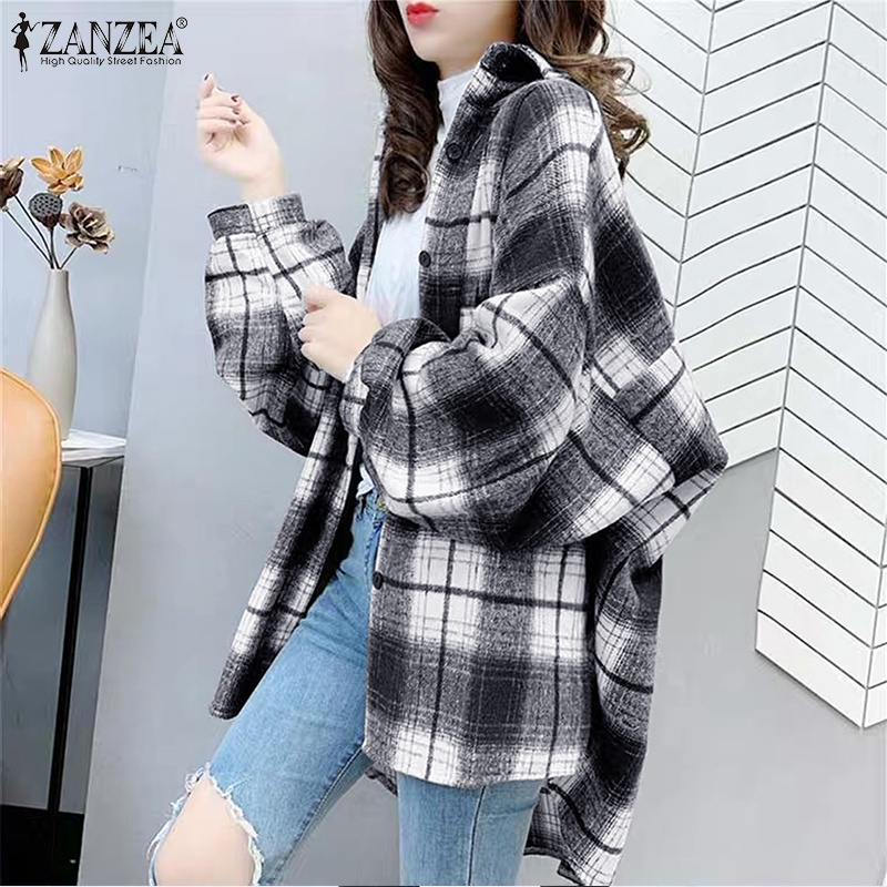 Áo khoác sơ mi ZANZEA dáng rộng in họa tiết kẻ sọc caro cổ bẻ viền thấp và cao cho nữ