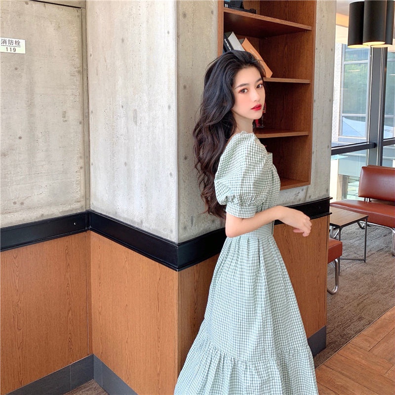 Đầm nữ cổ vuông tay phồng họa tiết sọc caro thời trang retro