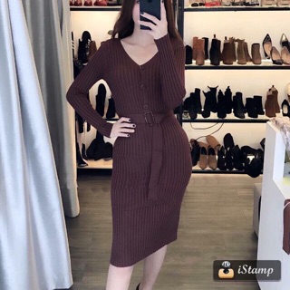Đầm body len nút QC