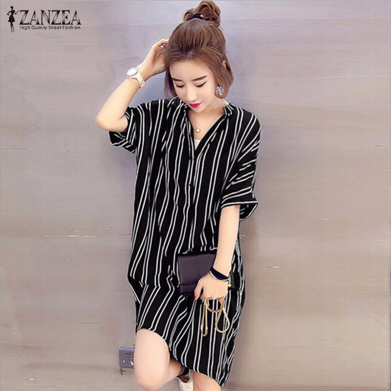 Đầm nữ ngắn tay cổ tròn sọc vằn thời trang | BigBuy360 - bigbuy360.vn