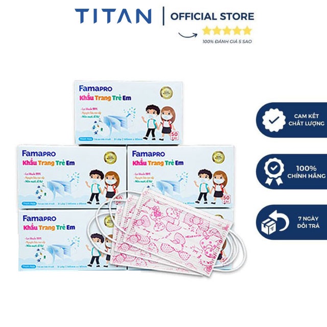 [FAMAPRO MAX KIDS - BÉ 4-10 TUỔI] COMBO 5 HỘP Khẩu trang y tế trẻ em kháng khuẩn 3 lớp Famapro(50 cái /hộp )