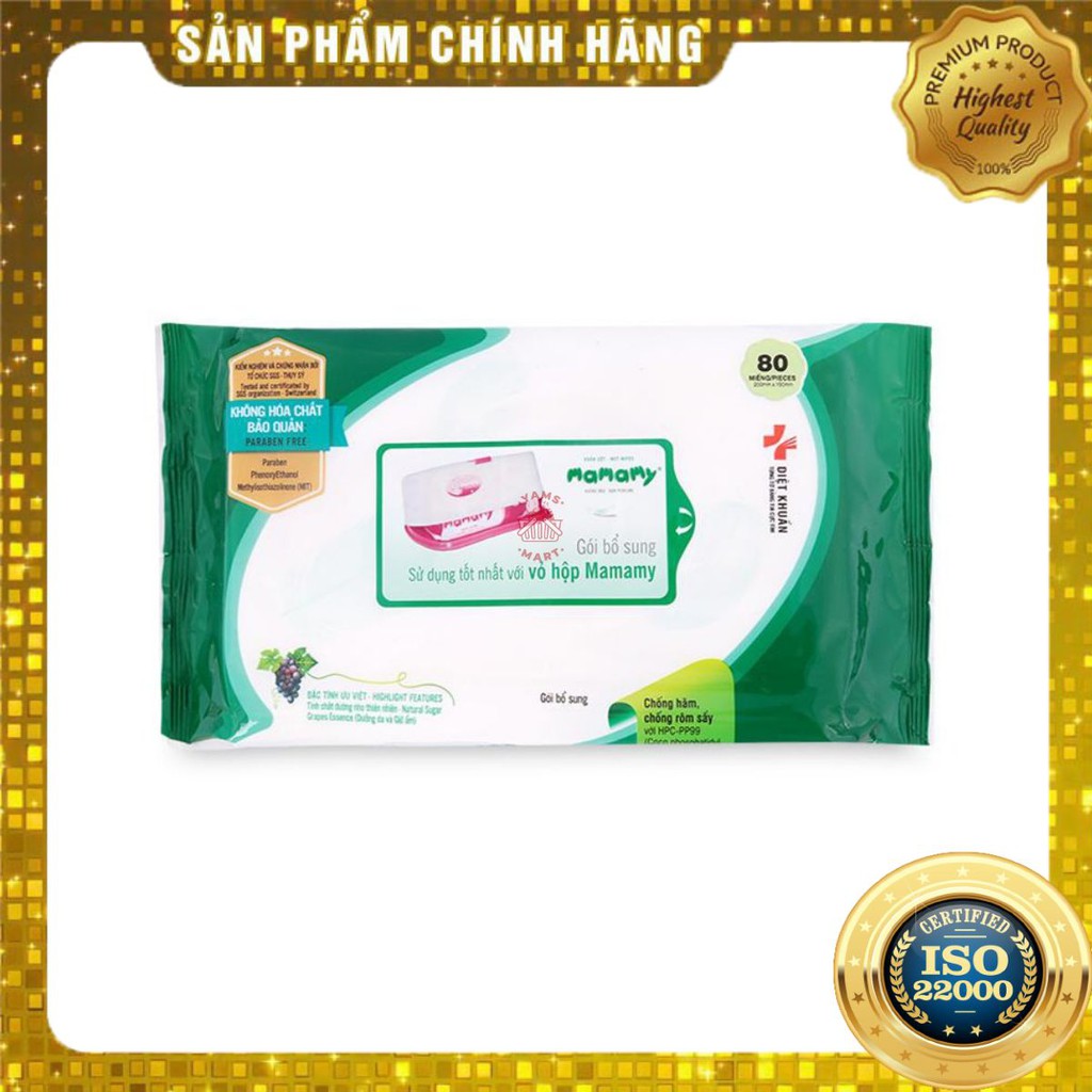 [ Yams Mart ] Khăn Ướt Mamamy Không Mùi Gói 80 Tờ