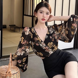 Áo Sơ Mi Chiffon Ngắn Cổ v Tay Phồng In Họa Tiết Retro Thời Trang Mùa Hè Dành Cho Nữ